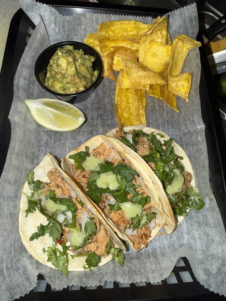 Tacos with guacamole and plantain chips